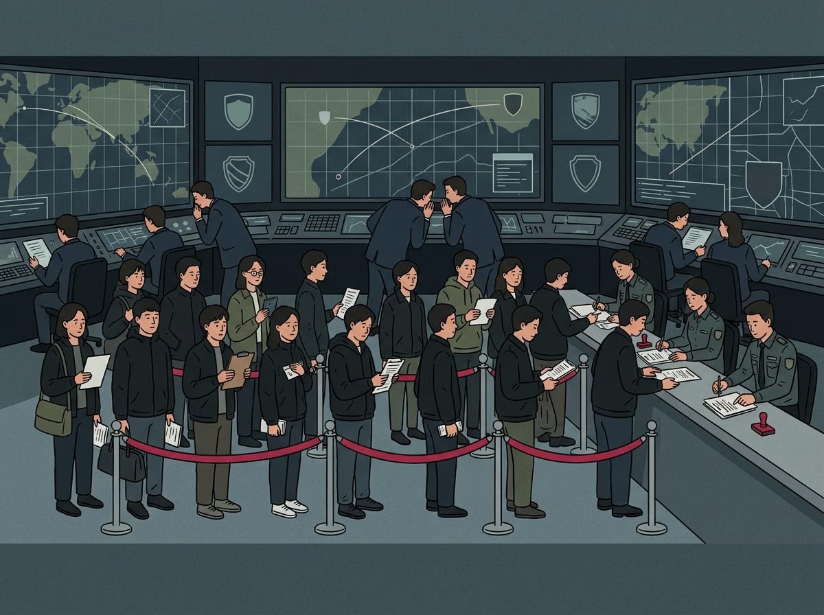 A dim operations room of wall-size map screens and shield-shaped crests, where analysts in dark blazers whisper over dashboards. In the foreground a long queue of Korean shoppers in matching black windbreakers holds forms and clipboards at a velvet-roped shop counter.