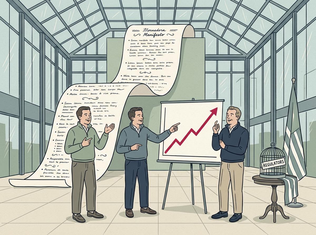 A bright glass-walled atrium with a huge scroll-like manifesto unrolled down one wall. Several partners in quarter-zip pullovers gesture at a rising chart. On a side table sits a small cage labelled "Regulators," with a national flag draped nearby.