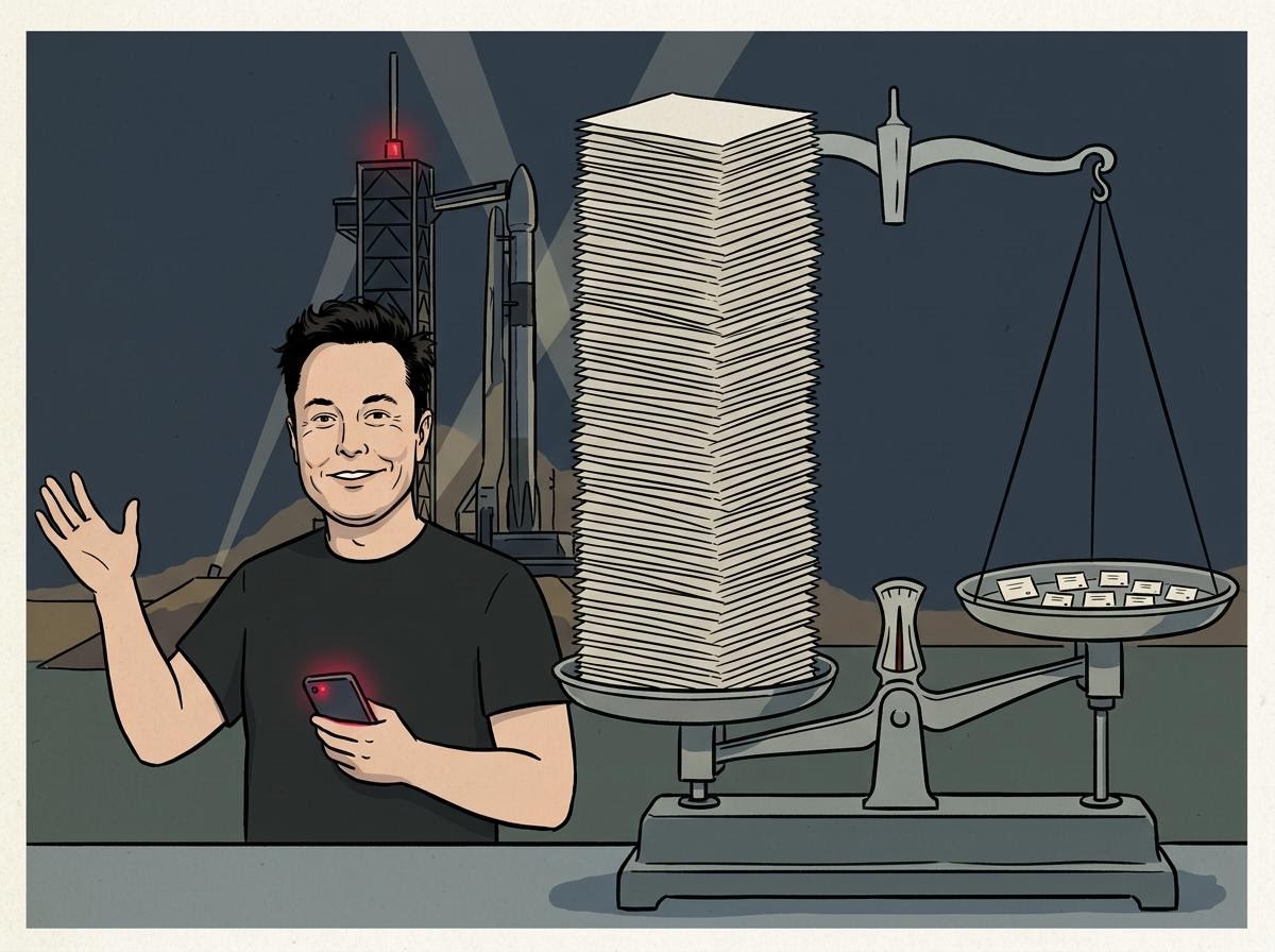 A founder at a launch pad stands beside a balance scale contrasting one enormous holding of shares with many single-share holdings.